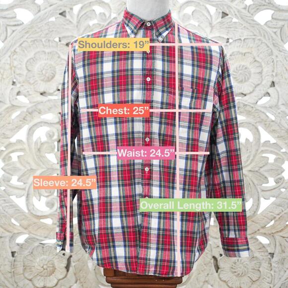 L.L. Bean Men's L Red Green Plaid Shirt Button Down Long Sleeve Cotton Vintage - Picture 2 of 12